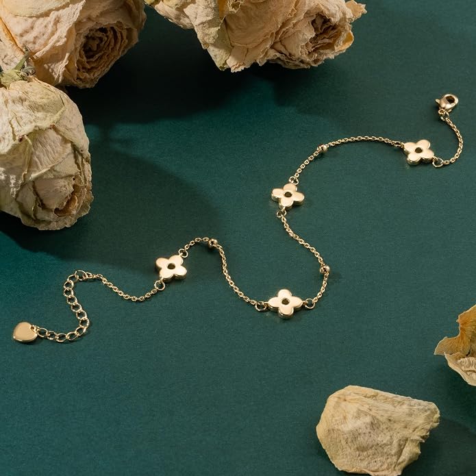14K Gold Plated Anklets for Women Four-Leaf Clover 14K Gold Plated Ankle Bracelets for Women Golden Jewelry for Womens Anklets Bracelets Romantic Floral Adjustable 9.4+1.6in