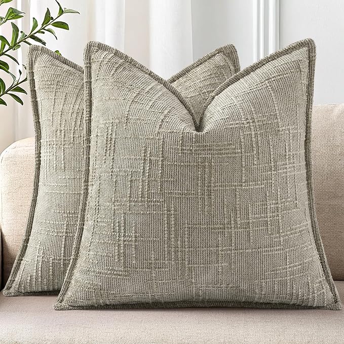 decorUhome Chenille Throw Pillow Covers 16x16 Set of 2,Light Brown | Soft Texture, Slubby Modern Design, Flange Edges, Cozy Accent Pillow Covers for Couch, Sofa, Bed, Living Room
