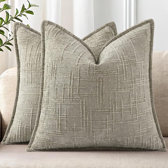 decorUhome Chenille Throw Pillow Covers 20x20 Set of 2,Light Brown | Soft Texture, Slubby Modern Design, Flange Edges, Cozy Accent Pillow Covers for Couch, Sofa, Bed, Living Room