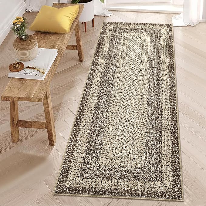 Runner Rug 2x8 Machine Washable Hallway Runner Rug Entryway Long Runner Carpet Braided Printed Throw Mat Non Slip Kitchen Mat Living Room Rustic Carpet for Bedroom Dining Room, Camel