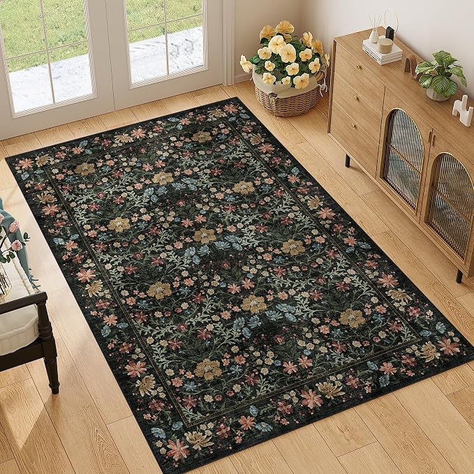 DUKINO 4x6 Rug for Living Room, Washable Vintage Floral Area Rug, Black | Non Slip, Low Pile, Non-Shedding, Aesthetic Lightweight Soft Indoor Carpet for Bedroom Kitchen Bathroom Entryway Farmhouse