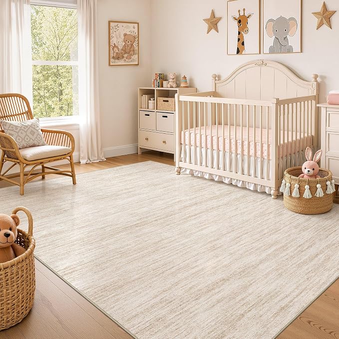 Nakagishi 6X8 Area Rugs Living Room: Washable Large Vintage Rug Neutral Non-Slip Soft Stain Resistant Indoor Carpet for Bedroom Nursery Dining Room Office Playroom - Beige
