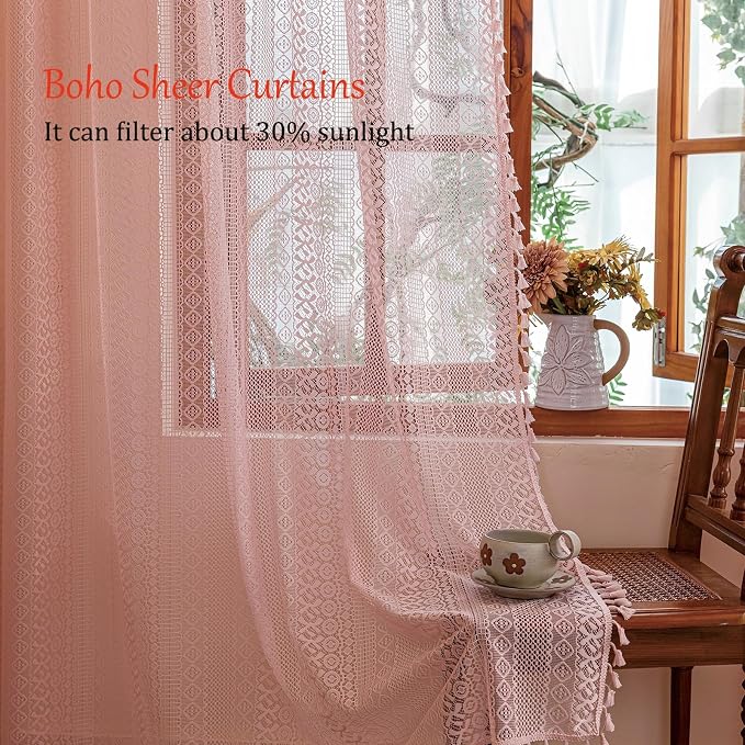 Sutuo Home Light Pink Boho Curtains 84 inches Long for Girls Bedroom Living Room,Lace Sheer Window Curtains Crochet Macrame Bohemian Valentine Farmhouse Vintage Tassels Rod Pocket,2 Panels 50" W