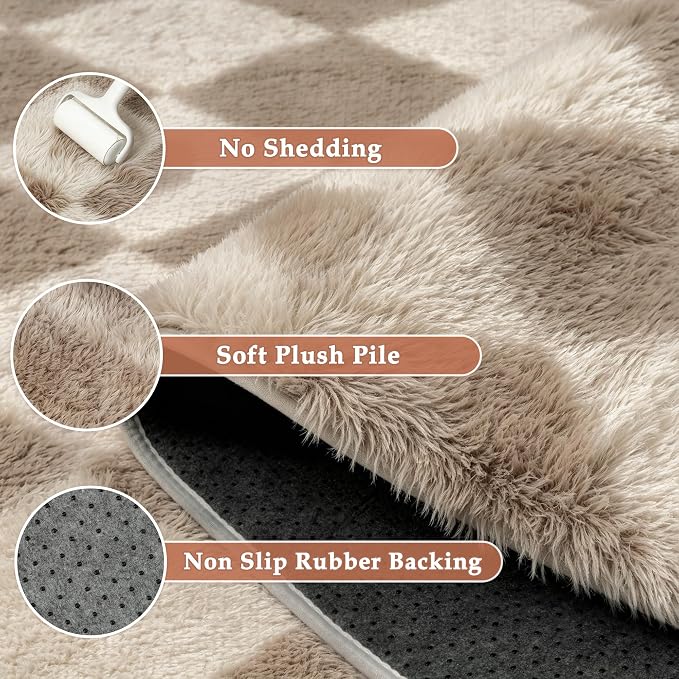 PureCozy Brown 8x10 Area Rug for Living Room Washable Non Slip Neutral Soft Bedroom Checkered Carpet Colorful Fluffy Modern Shag Fuzzy Indoor Large Aesthetic Bedroom Home Office Playroom Nursery
