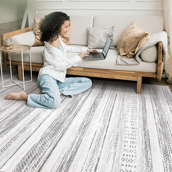 Tortania Area Rug Living Room Rugs - 6x9 Washable Large Soft Neutral Boho Moroccan Bohemian Farmhouse Rug Indoor Floor Carpet for Bedroom Under Dining Table Home Office Decor - Light Grey