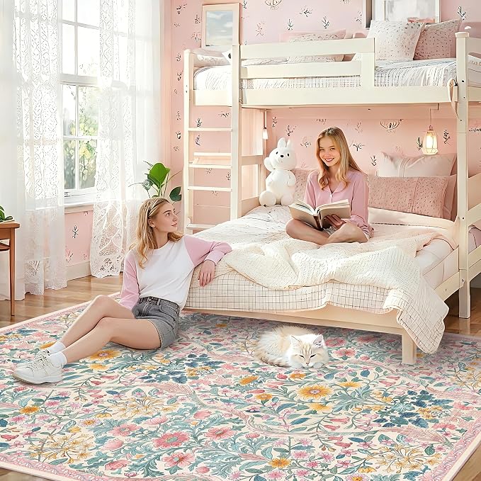 8x10 Washable Area Rug for Living Room, Large Vintage Light Pink Floral Rugs, Soft Non-Slip Stain Resistant Boho Lightweight Carpet for Girls Bedroom Dining Room Nursery Home Office