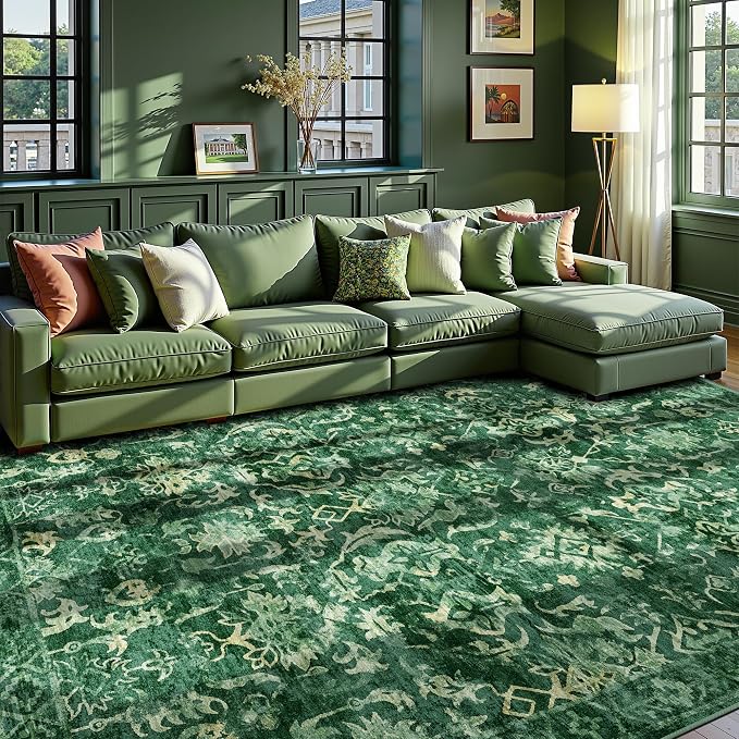 Dark Green Area Rugs 8x10 Rugs for Living Room, Traditional Washable Rugs for Bedroom Distressed Large Area Rug Living Room Rug Non Slip Rug Carpet for Dining Nursery