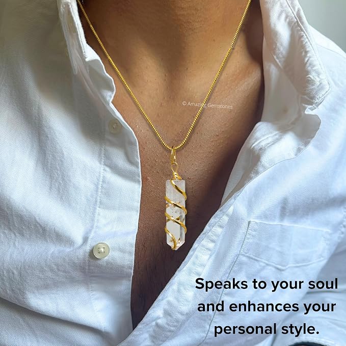 Amazing Gemstone Clear Quartz Crystal Necklace Pendant For Women, Gold Wire Wrapped Dainty Minimalist Healing Crystal Necklaces For Men Kids Unisex Necklace Jewelry With 20 Inches Adjustable Chain & Leather Cord