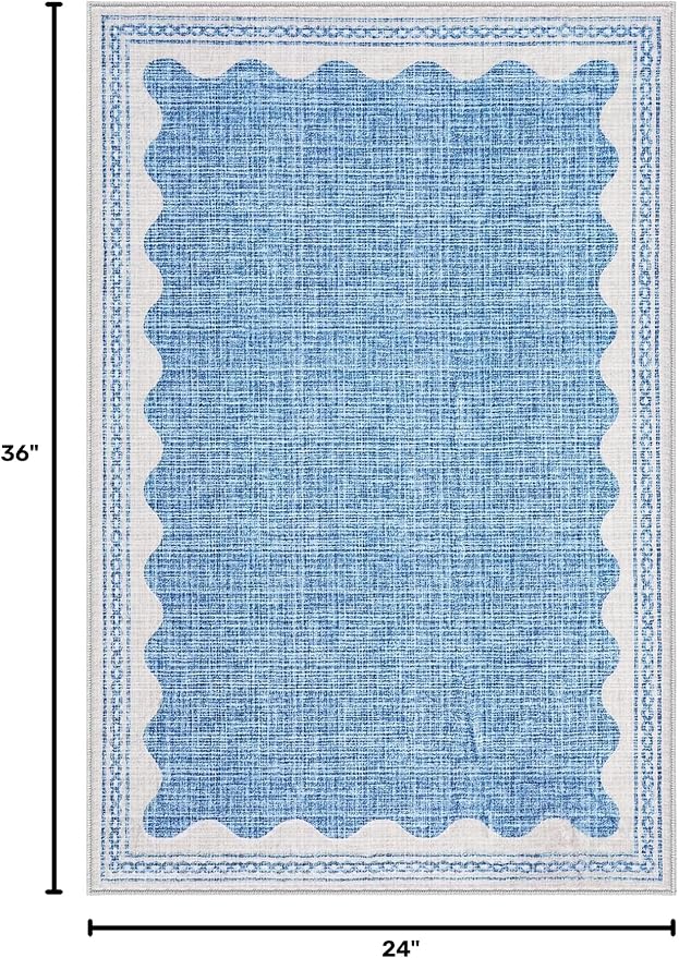GarveeHome Door Mat Indoor Rugs for Entryway Small Throw Rug 2x3 Washable Non-Slip Solid Blue Modern Minimalism Soft Low-Pile Scalloped Carpet for Bedroom Kitchen Bath Entrance with Rubber Back