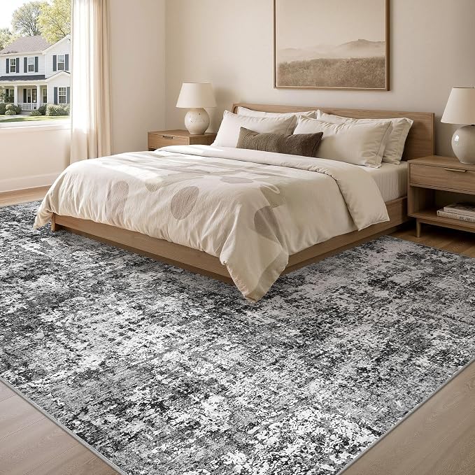cotiled Washable Area Rug 5x7, Non-Slip Soft Neutral Rug for Living Room | Modern Abstract Carpet, Stain Resistant and Kid & Pet Friendly, Ideal For Bedroom, Dining Room, Nursery, Office - Blue/Gery