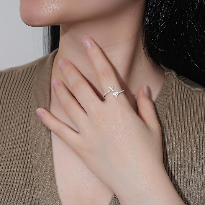 Step Forward 925 Sterling Silver Adjustable Initial Ring for Women | Non Tarnish Letter Rings for Lady | Alphabet Heart Thumb Rings | Capital Letter Jewelry Gifts