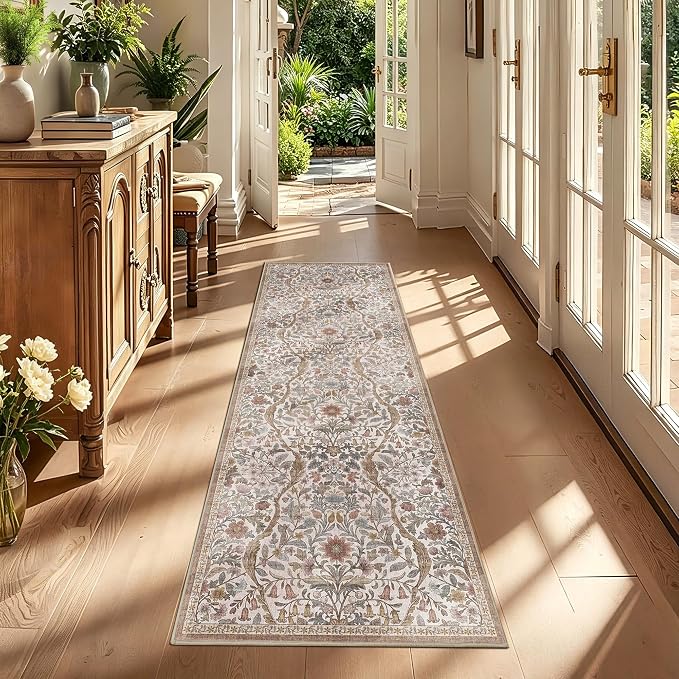 2x6 Washable Runner Rug, Khaki Beige Floral Area Rug for Hallway,Low-Pile Non-Slip Stain Resistant Carpet for Kitchen, Bedside,Laundry Room,Entryway