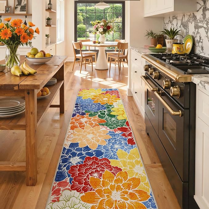 GENIMO 2.5x8 Outdoor Runner Rug, Washable for Patio, Multicolor | Floral design for balcony; fade resistant chenille and quick-dry non-slip backing for indoor hallway kitchen