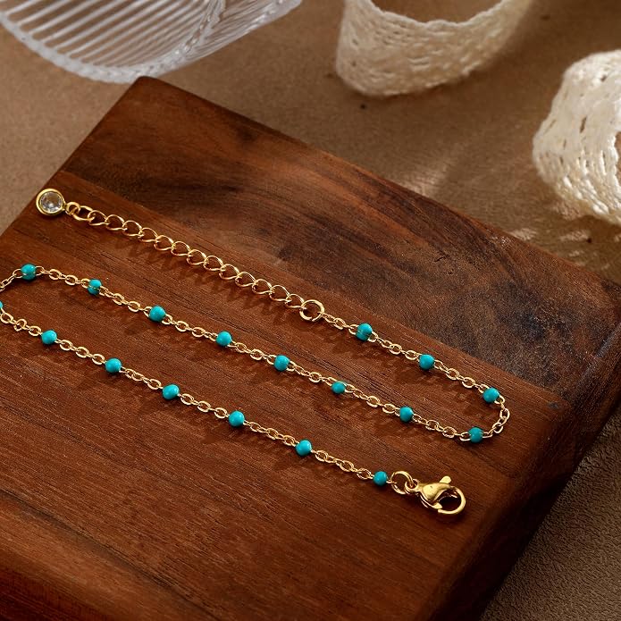 Ankle Bracelets for Women 14K Gold/Silver Plated Cross Heart Bead Anklet Waterproof Adjustable Chain Non Tarnish Cute Boho Trendy Dainty Summer Beach Foot Jewelry Gift for Her