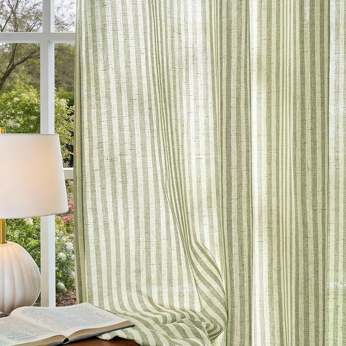 Vangao Linen Striped Curtains for Living Room Bedroom Farmhouse Tickingstripe Light Filtering Window Curtains Printed Drapes Grommet Top 2 Panels Green W50 x L63 Inch