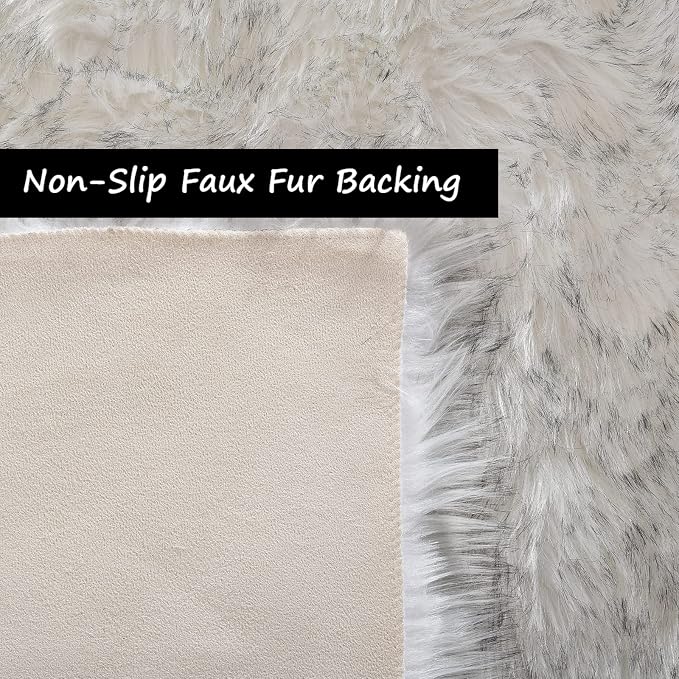 Goolela Fluffy Faux Sheepskin Fur Rug 4x6 White with Grey Tips Fuzzy Furry Plush Rug for Bedroom Living Dining Room Office Soft Shaggy Carpet Rectangle