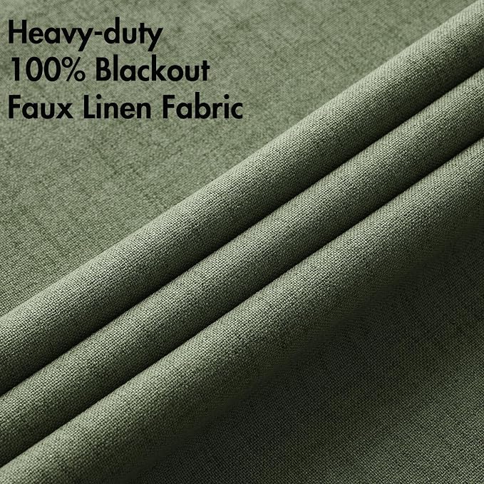 MIULEE 100% Blackout Linen Textured Curtains for Bedroom Solid Thermal Insulated Olive Green Grommet Room Darkening Curtains & Drapes Luxury Decor for Living Room 52 x 45 Inch (2 Panels)