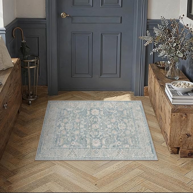 2x3 Blue Washable Area Rug Non Slip Retro Distressed Doormat | Soft Low Pile, Lightweight Foldable, Pet Friendly, Entryway, Entrance, Kitchen, Bathroom, Laundry Room