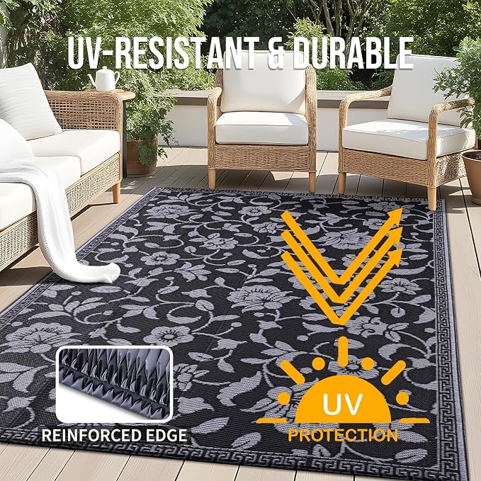 OLANLY Waterproof Outdoor Rug 4x6 ft, Outdoor Plastic Straw Rug with Flower Pattern, Reversible RV Mat for Patio, Camping, Balcony, Deck, Backyard, Black & Grey