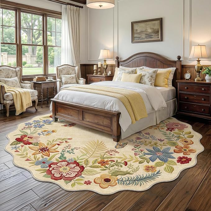 FMFUNCTEX 5ft Round Washable Beige Boho Scalloped Area Rug for Living Room | Floral Vintage Flower Colorful Traditional Soft Cream Small Non Slip Low Pile Circle Rug Neutral Dining Room Bedroom Entryway