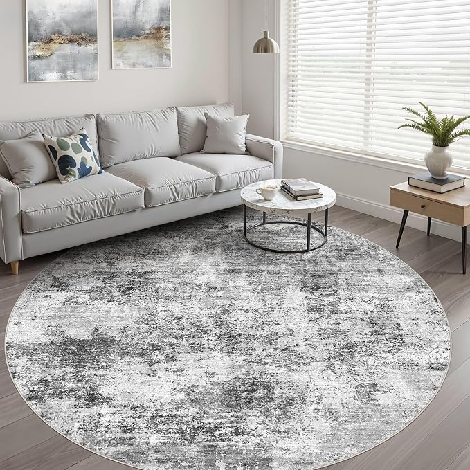 10ft Round Rug Living Room: 10x10 Washable Large Neutral Circle Area Rug Abstract Soft Modern Stain Resistant Indoor Floor Non-Slip Carpet for Bedroom Nursery Kids Office Playroom- Black Gray