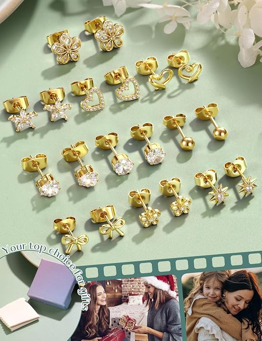 LOYALLOOK Stud Earrings for Women Hypoallergenic, 14K Gold Plated Surgical Steel Earrings for Sensitive Ears Women Dainty Small Heart Flower Bow Earrings for Jewelry Gift