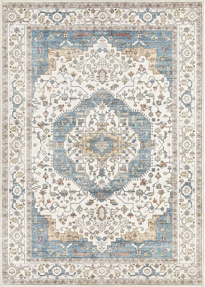 Area Rug for Living Room - 9x12 Soft Washable Oriental Vintage Floral Distressed Large Carpet - Fade Stain Resistant Non Slip Rugs for Bedroom Dining Room Nursery Dorm Office Home Decor - Blue/Beige