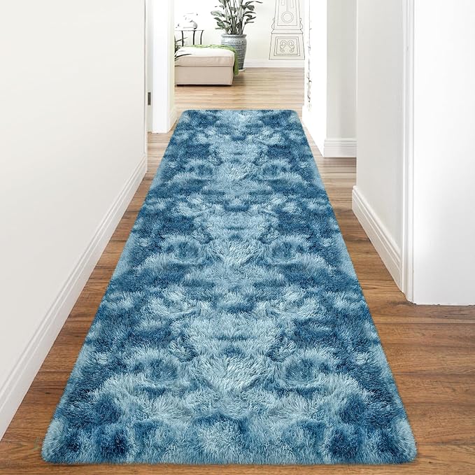 3x10ft Plush High Pile Blue Tie-Dyed Rug Fluffy Soft Runner Bedside Rug for Bedroom Living Room Hallway Nursery Kids Home Decor Shag Carpet