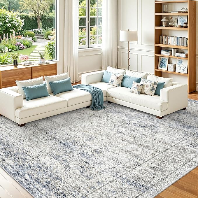 8x10 Area Rugs for Living Room,Large Washable Rug,Blue | Rugs for Bedroom,Dining Room,Office,Low Pile,Soft, Neutral Rug,Stain Resistant Indoor Carpet,Non Slip,Home Decor