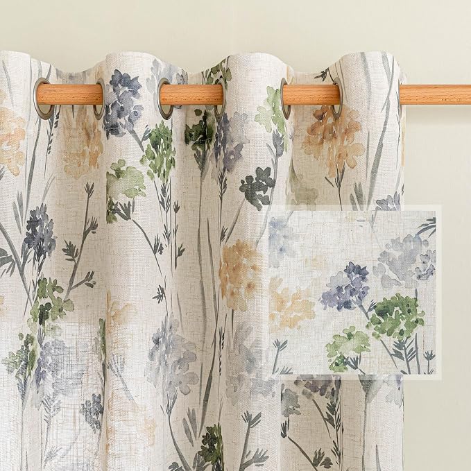 MYSKY HOME Sage Green Floral Linen Spring Curtains 90 inch Long 2 Panels Set Semi Sheer Light Filtering Farmhouse Flower Pattern Grommet Top for Living Room Bedroom, 52" W Each Panel