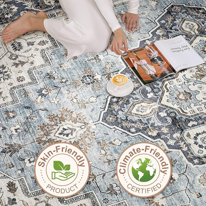10x13 Area Rug Living Room: Washable Boho Large Neutral Vintage Soft Rug Stain Resistant Farmhouse Non-Slip Indoor Floor Carpet for Bedroom Nursery Kids Office Dining Room Home House- Blue Tan