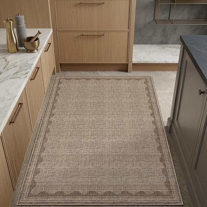 GarveeHome 4x6 Rug Non-Slip Washable Low-Pile Carpet - Scalloped Solid Coffee Modern Minimalism Rugs for Bedroom Living Room Nursery Kitchen Entryway Indoor Mat with Rubber Back