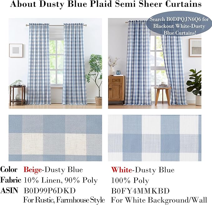Beige-Dusty Blue Buffalo Plaid Semi Sheer Curtains 63 Inch Length | Farmhouse Buffalo Check Drapes for Bedroom Living Room,Gingham Window Treatment,Yarn Dyed Fabric,Rod Pocket,40"Wx63"Lx2