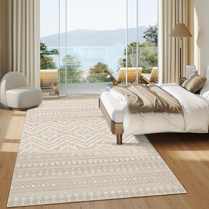 Miukiki 5x7 Area Rug for Living Room Moroccan Washable Rugs Non Slip Indoor Floor Carpet Foldable Large Soft Area Rug for Dining Room Bedroom with Low Pile(Brown,5'x7')