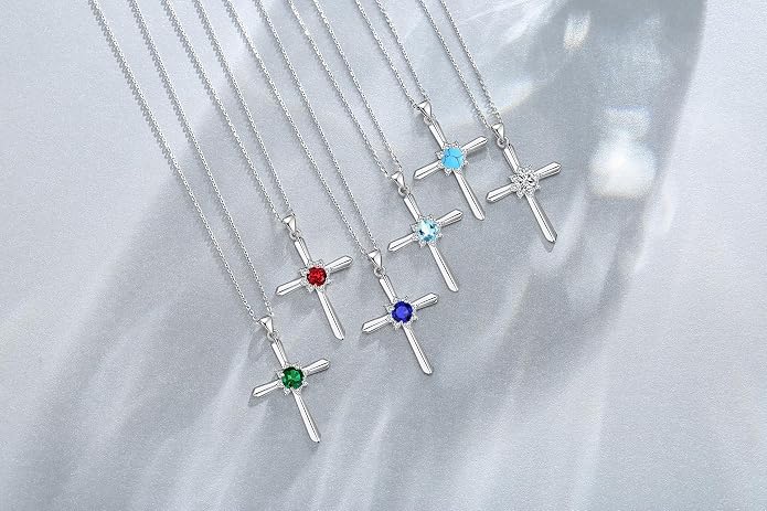 FANCIME Birthstone Cross Necklace for Women Sterling Silver Birthstone Necklace Halo Infinity Cross Pendant Necklace Fine Jewelry Valentines Day Gifts Birthday Holiday Gifts for Her, 16"+2" Inches