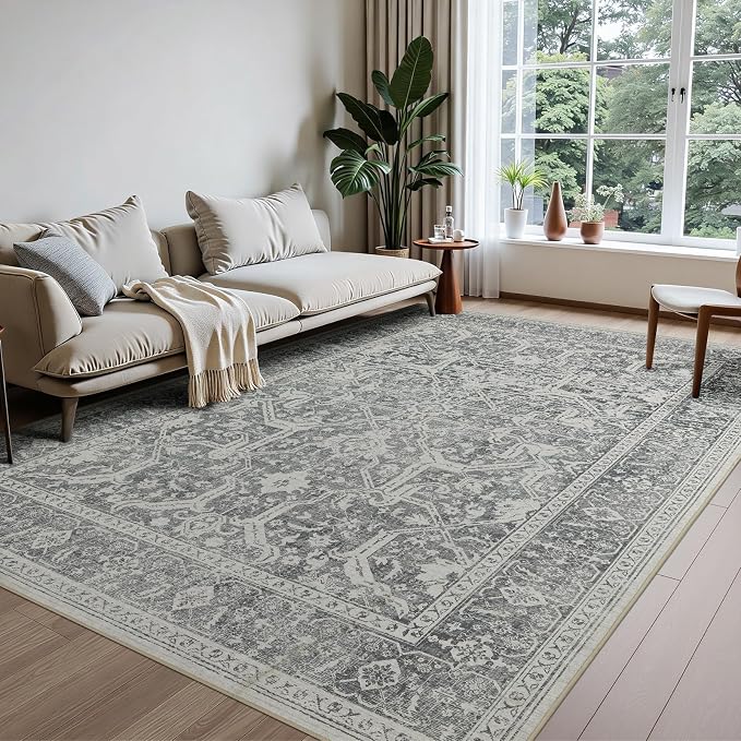 Joydeco 5x7 Area Rugs for Living Room, Non Slip Machine Washable Vintage Rug, Low Pile Thin Chenille Print Rugs for Bedroom, Dining Room, Pet & Child Friendly, Home Office, Light Gray&Dark Gray&White