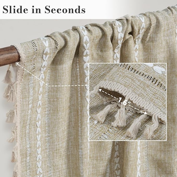 ColorBird Boho Curtains Linen-Textured for Living Room Bedroom Natural Brown 63 Inch Length Farmhouse Light Filtering Neutral Embroidered Striped Linen Drapes 2 Panels Window Treatment