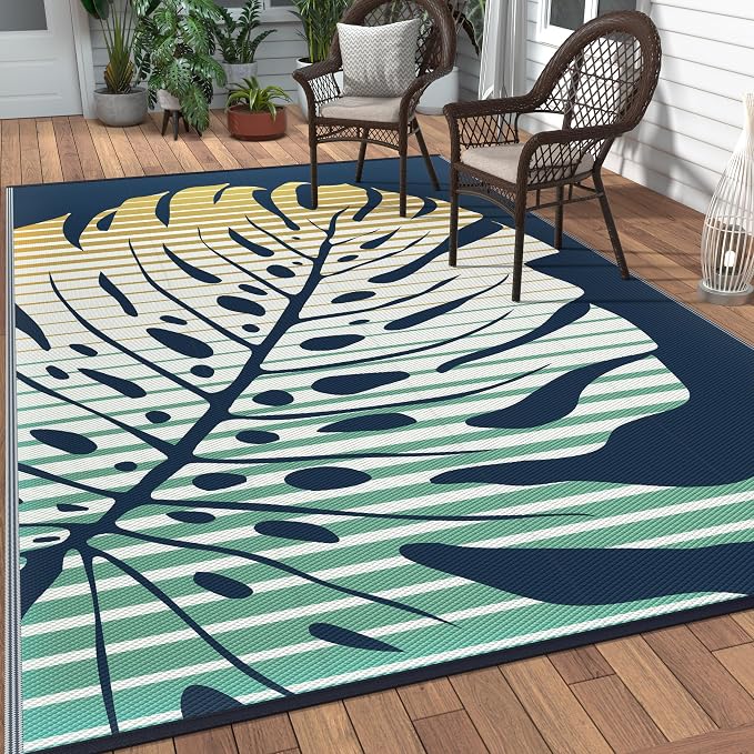GENIMO Outdoor Rug, Waterproof Plastic Rugs for Patio, 6'x9' Yellow Blue | Outside Larger Leaf Carpet Mat for Porch Decor, Deck, Balcony, Camping, RV, Backyard, Picnic, Beach, Reversible, Foldable