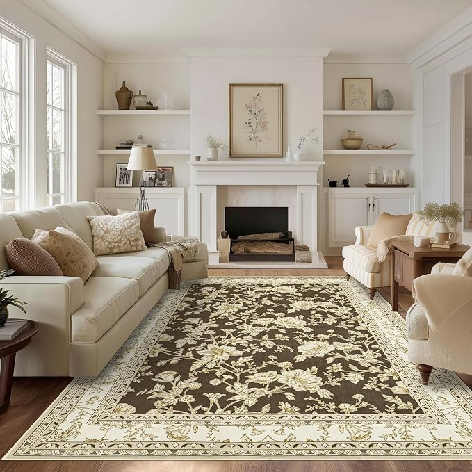 Browm Boho Living Room Rug 5x8, Washable Low Pile Non Slip Area Rugs for Bedroom, Dining Room, Office, Farmhouse Retro Carpet Indoor Gream Beige Tan Pattern Aesthetic Sketch Style Vintag Room Decor