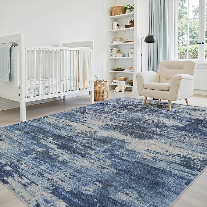 5x8 Area Rugs Living Room Rug Modern Abstract Neutral Washable Rugs Non Slip Soft Carpet Large Area Rug Low Pile Stain Resistant Non Shedding for Bedroom Nursery Dining Room Home Office Navy Blue