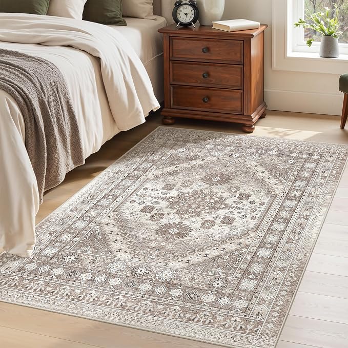 befbee 4x6 Rugs for Living Room Bedroom,Non-Slip Washable Rug,Stain Resistant Lightweight Area Rugs for Dining Room,Ultra-Thin Indoor Floor Carpet (Brown/Beige, 4'x6')