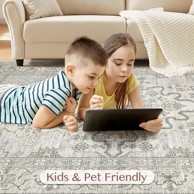 Tortania Area Rug Living Room Rugs - 6x9 Washable Boho Rug Vintage Oriental Distressed Farmhouse Large Thin Indoor Carpet for Living Room Bedroom Under Dining Table Home Office - Beige Linen