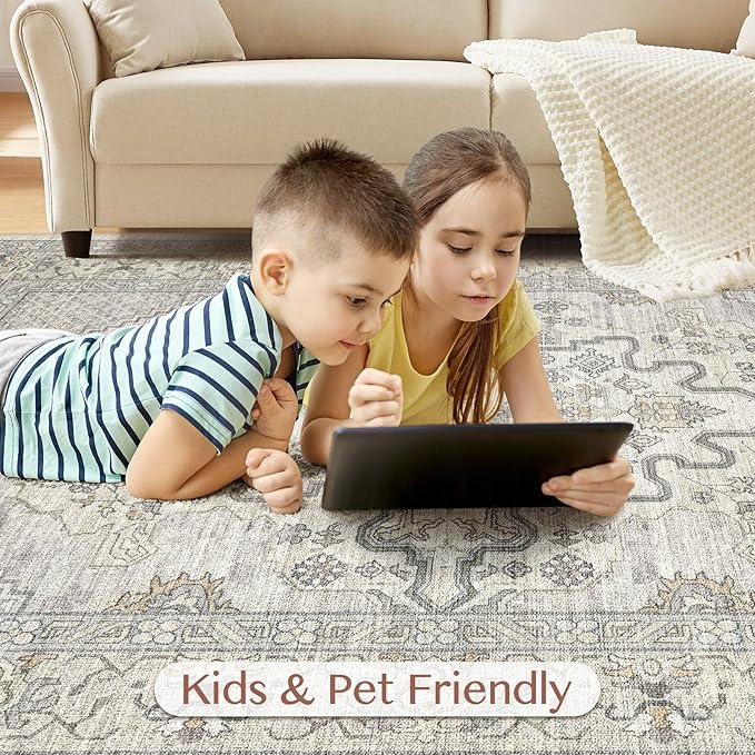 Tortania Area Rug Living Room Rugs - 12x15 Washable Boho Rug Vintage Oriental Distressed Farmhouse Large Thin Indoor Carpet for Living Room Bedroom Under Dining Table Home Office - Beige Linen