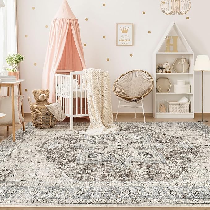 Tortania Area Rug Living Room Rugs - 7x10 Washable Boho Rug Vintage Oriental Distressed Farmhouse Large Thin Indoor Carpet for Living Room Bedroom Under Dining Table Home Office - Brown Blue