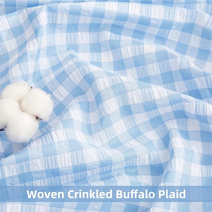 ZJDECOR 72 Inch Baby Blue Buffalo Plaid Ruffle Window Curtains Rod Pocket | Crinkled Not-See-Through Sheer Cortinas,45% Cotton,55% Poly,Farmhouse Window Treatment,Bedroom Living Room,40"Wx72"Lx2