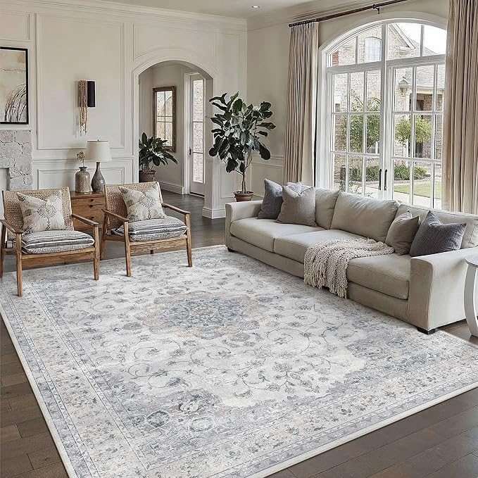 HUGEAR 10x14 Washable Rugs for Living Room Vintage Blue Bedroom Rug Soft Area Rug Non-Shedding Non-Slip Carpet Low Pile Dining Room Office Indoor Home Modern Decor