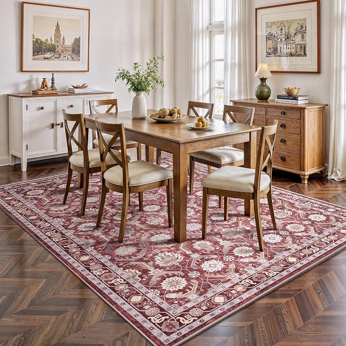 Living Room Rug 6x9, Soft Non Slip Low Pile Washable Rug, Boho Modern Area Rug for Bedroom, Dining Room, Red