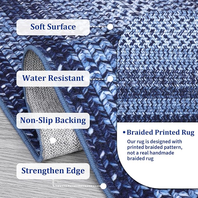 RUGSREAL 8x10 Braided Print Area Rug Washable Rug Non Slip Farmhouse Rustic Floor Carpet Boho Dining Room Carpet Modern Geometric Throw Floor Cover Bohemian Border Rug for Living Room Bedroom, Navy