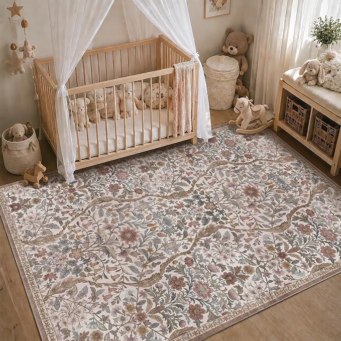 Floral Washable 6x9 Area Rug，Vintage Khaki Beige Boho Rugs for Living Room, Soft Low-Pile Non-Slip Stain Resistant & Non-Shedding Carpet for Bedroom, Dining Room, Office, Entryway, Nursery