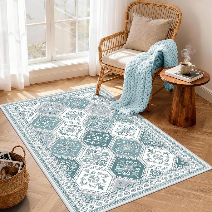 3x5 Washable Rug, Soft Non-Slip Boho Moroccan Rug, Low-Pile Printed Indoor Teal Throw Rugs for Entryway, Kitchen, Bedroom Bedside, Entrance- Teal
